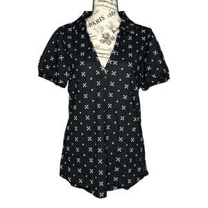 Bobeau (M) Elastic Short Sleeve Piqué Patterned Collared Split Neck Top